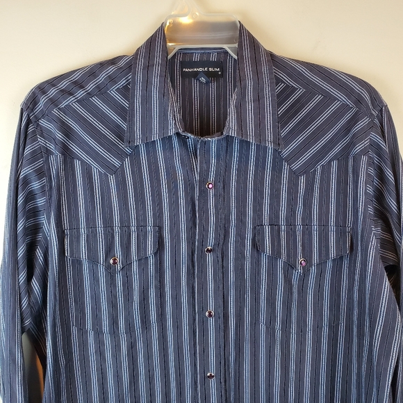 Panhandle Slim Blue Striped Western Purple Pearl Snap Button Down Shirt L Mens - Picture 2 of 15